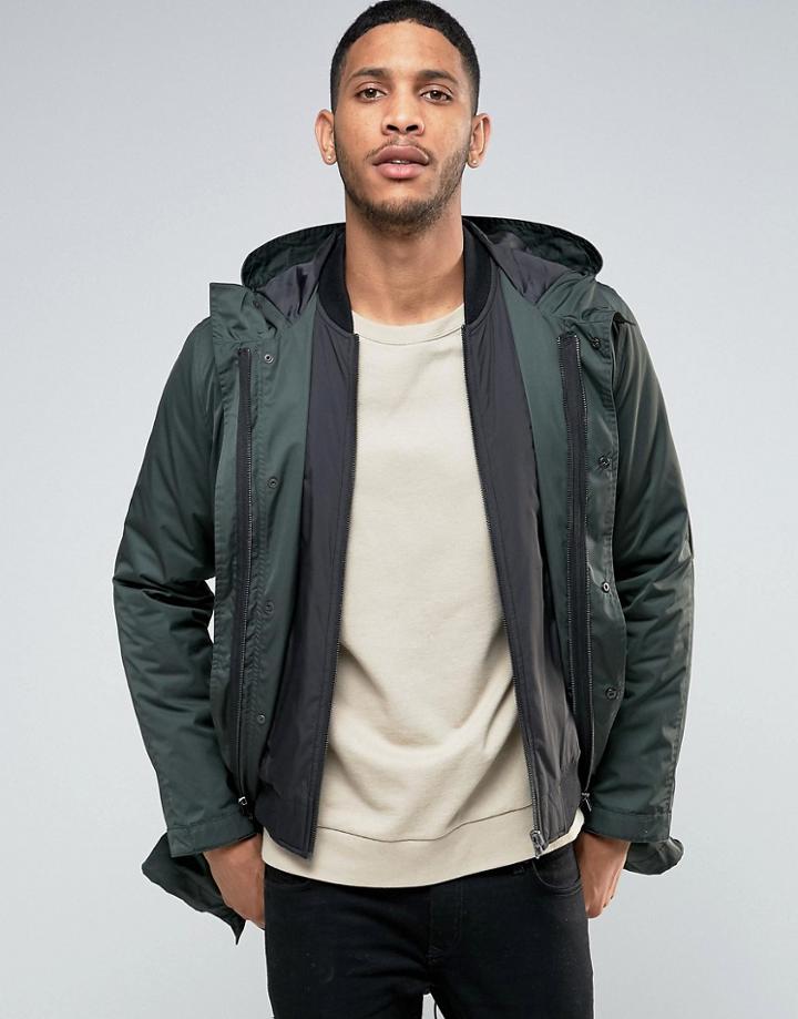Asos Parka Jacket With 2 In 1 Inner Bomber In Khaki - Green