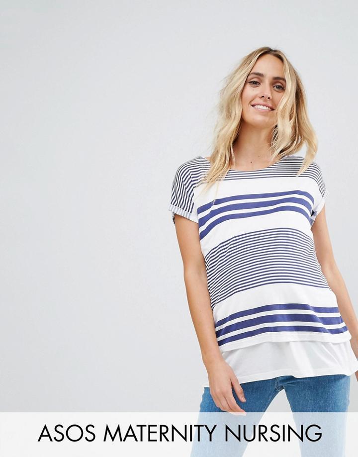 Asos Maternity Nursing T-shirt With Double Layer In Variegated Navy Stripe - Navy