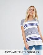 Asos Maternity Nursing T-shirt With Double Layer In Variegated Navy Stripe - Navy