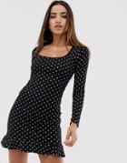 In The Style Polka Dot Frill Hem Long Sleeve Dress - Black