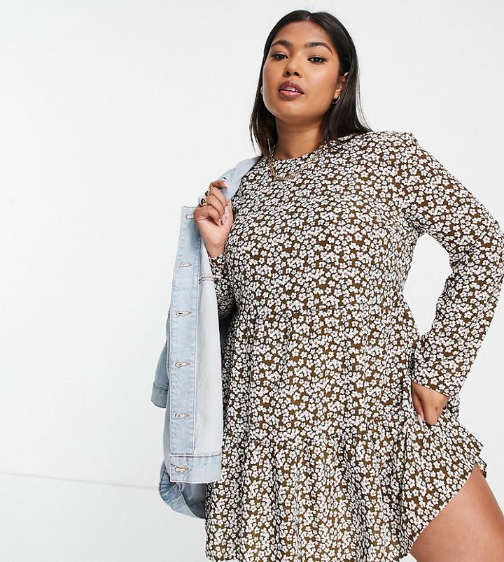 Asos Design Curve Long Sleeve Tiered Smock Mini Dress In Khaki Floral Print-multi