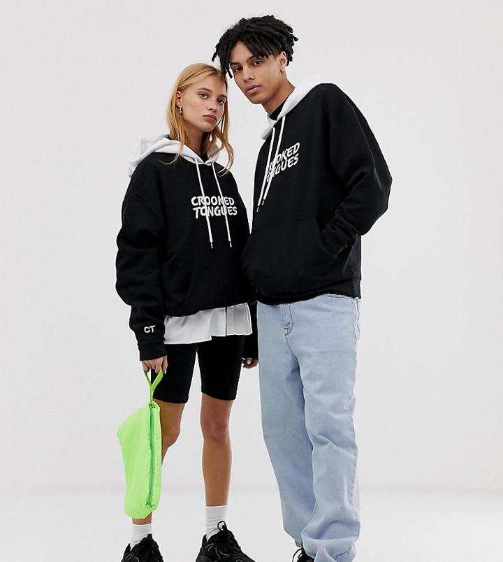 Crooked Tongues Unisex Oversized Hoodie With Contrast Hoodie And Back Print - Black