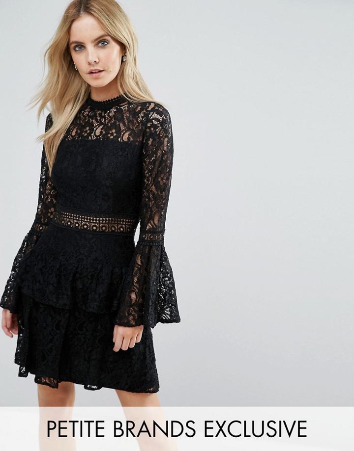 John Zack Petite All Over Premium Lace Top Tiered Prom Mini Dress - Black