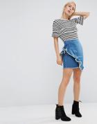 Asos Denim Mini Skirt With Raw Edge Ruffle In London Blue - Blue