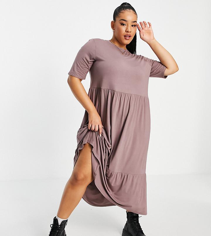Asos Design Curve Tiered Smock T-shirt Midi Dress In Mocha-neutral