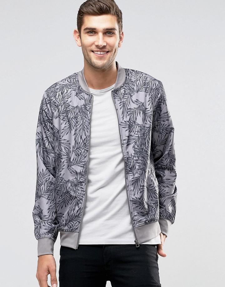 Jack & Jones Zip Through Nylon Bomber With Palm Leaf Print - Gray