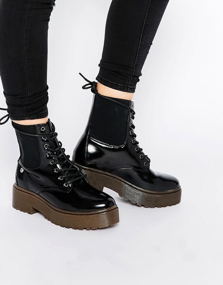 Blink Chunky Lace Up Ankle Boots - Black Box Pu