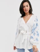 Asos Design Embroidered Top With Kimono Sleeve And Belt-multi
