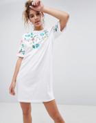 Asos Design T-shirt Dress With Embroidered Yoke - White