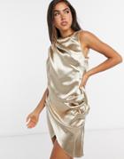 Asos Design Satin Draped Mini Dress With Open Back-neutral