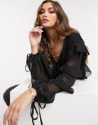 Missguided Peplum Blouse With Frill Hem In Black-white