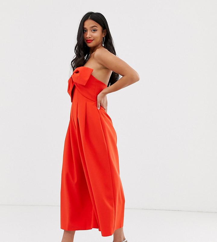 Asos Design Petite Bandeau Culotte Jumpsuit With Big Bow Detail-red
