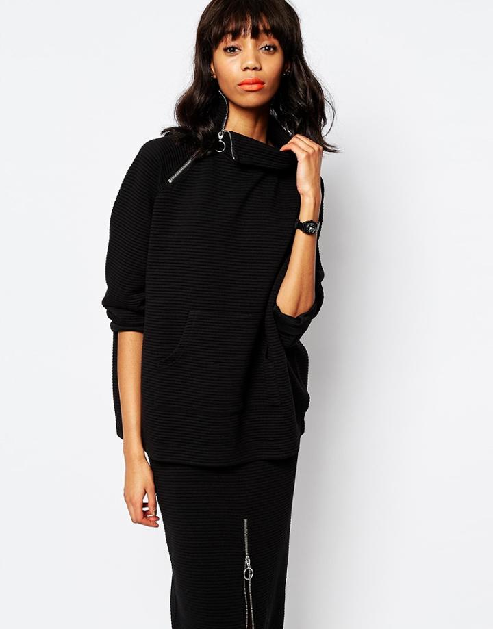 Monki Ribbed Sweat With Zip Detail - Black