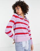 Only Knitted Polo In Red And Purple Stripe