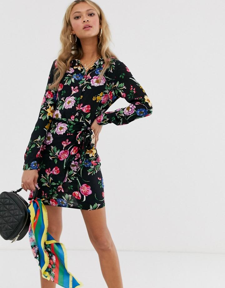 Parisian Frill Wrap Dress In Bright Floral Print-black
