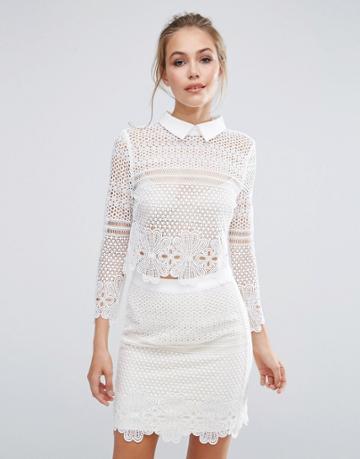 Dark Pink Lace Cropped Blouse Co-ord - White