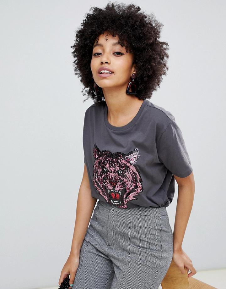 Asos Design T-shirt With Sequin Tiger Print In Washed Black - Black