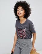 Asos Design T-shirt With Sequin Tiger Print In Washed Black - Black