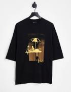 Asos Design Oversized T-shirt In Black With Yellow Parasol Front & Back Print