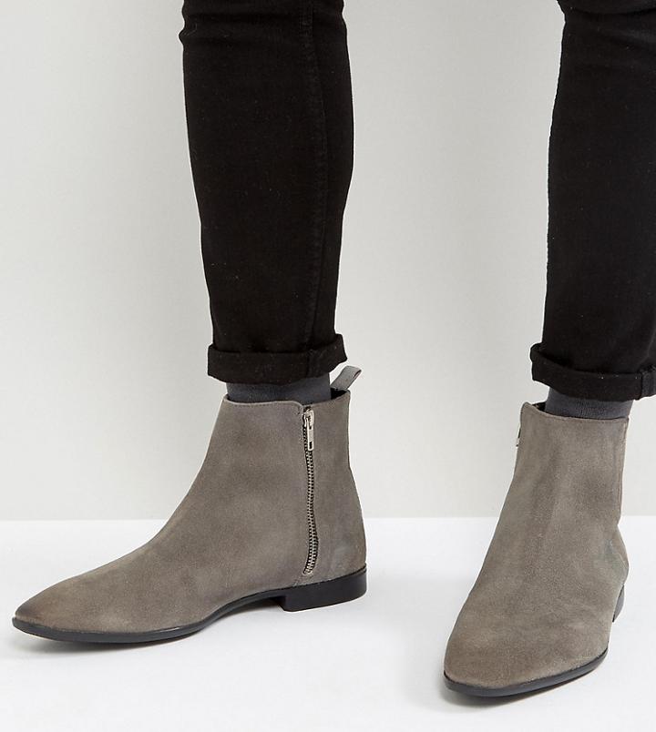 Asos Wide Fit Chelsea Boots In Gray Suede With Pointed Toe And Zips - Gray