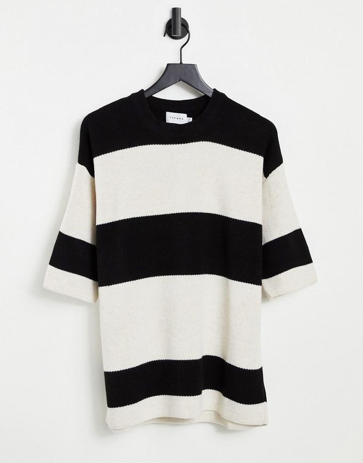 Topman Striped Knitted T-shirt In Black And White