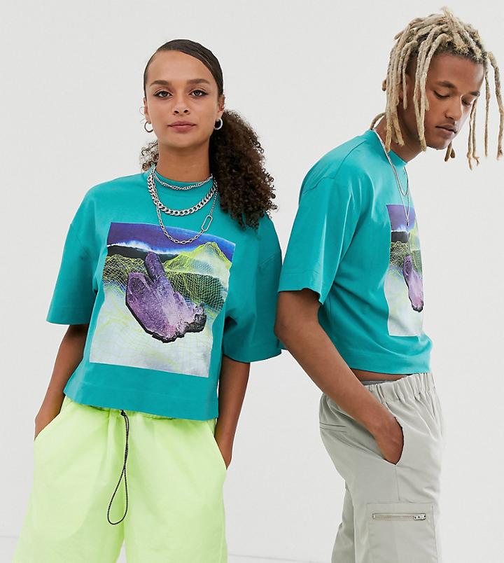 Collusion Unisex Crop T-shirt With Print In Teal - Green