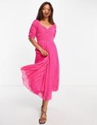 Asos Design Ruched Front Pleated Midi Dress With Shirred Waist In Chevron Textured In Hot Pink