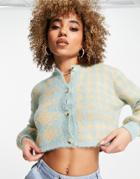 Qed London Houndstooth Fluffy Cropped Cardigan In Blue-multi
