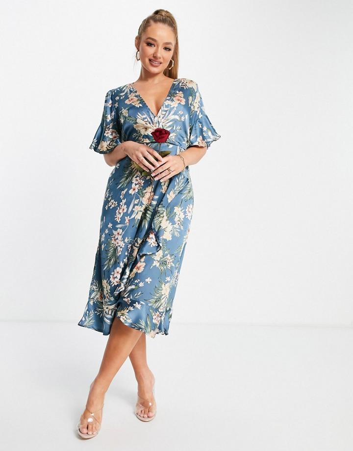 Ax Paris Ruffle Midi Dress In Blue Floral-multi