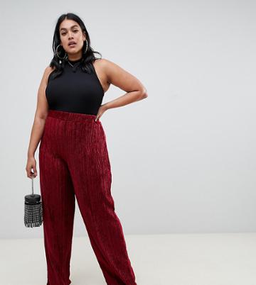 Prettylittlething Plus Pleated Velvet Wide Leg Trouser In Red - Red