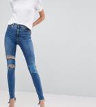 Asos Tall Ridley High Waist Skinny Jeans In Tana Extreme Mid Wash With Busted Knee And Rip & Repair Detail - Blue