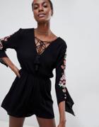 Raga Claire Lace Chest Detail Romper With Embroidered Floral Sleeves - Black