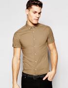 Asos Skinny Shirt In Light Camel With Buttown Down Collar And Short Sleeves - Light Camel