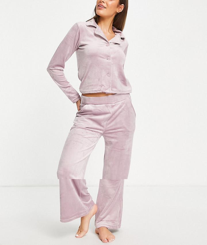 Brave Soul Velour Shirt And Wide Leg Lounge Set In Mauve-purple
