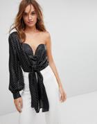Missguided One Shoulder Polka Dot Plunge Tie Waist Body - Black