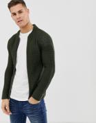 Brave Soul Waffle Knit Zip Through Cardigan - Green