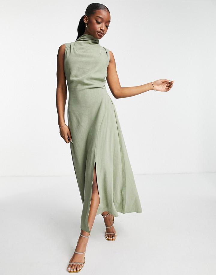 Asos Design Sleeveless Cowl Neck Midi Dress With Open Back In Linen In Khaki-green