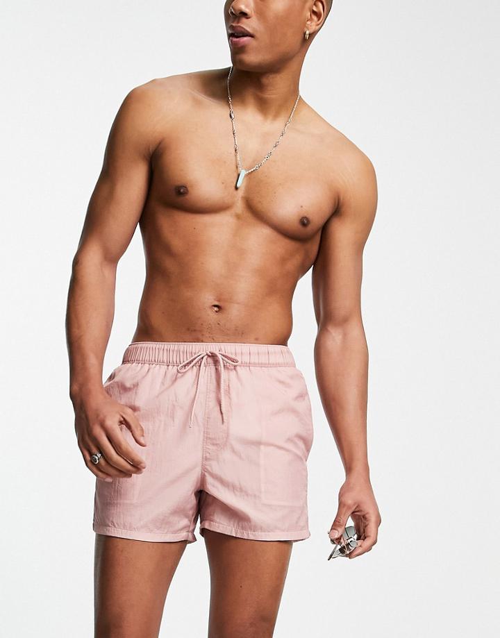 Asos Design Swim Shorts In Pink Sheer Fabric With Mesh Underlay Short Length