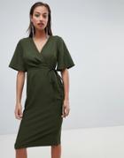 Asos Design Midi Wrap Dress With Tie Detail-green