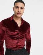 Asos Design Skinny Velvet Shirt In Burgundy-red