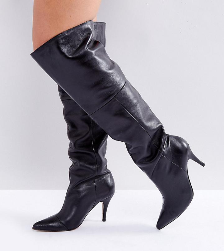 Asos Klara Wide Fit Leather Slouch Over The Knee Boots - Black