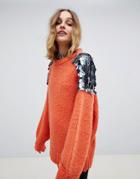 Native Rose Oversized Chunky Knit Sweater With Large Sequin Shoulders - Orange