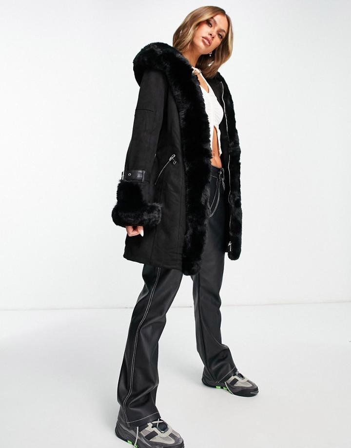 Qed London Sudedette Belted Coat With Faux Fur Trim In Black