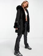 Qed London Sudedette Belted Coat With Faux Fur Trim In Black