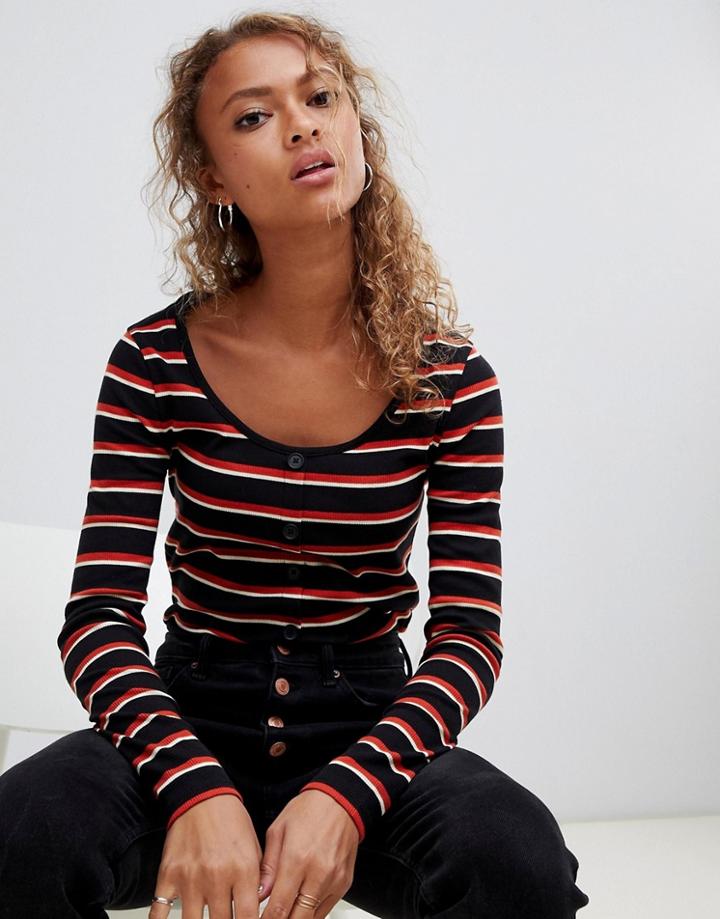 New Look Button Rib Top In Stripe - Black