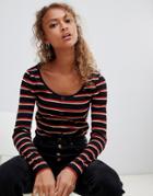 New Look Button Rib Top In Stripe - Black