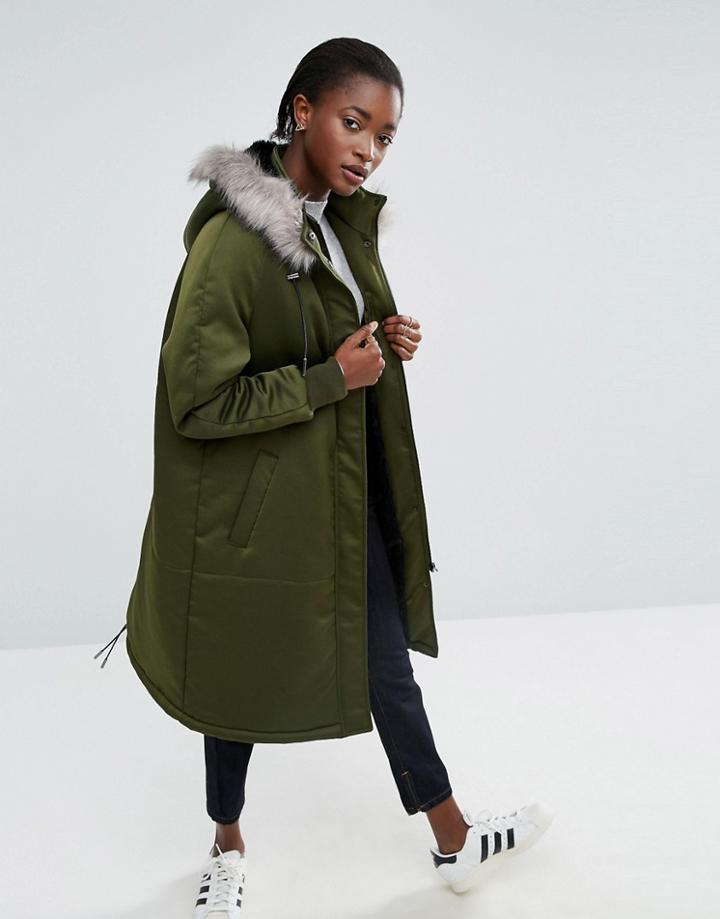 Asos White Satin A-line Parka With Faux Fur Lined Hood - Green