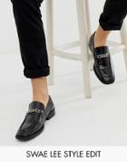 Asos Design Square Toe Loafers In Black Leather With Chain