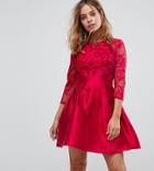 Little Mistress Petite 3/4 Sleeve Satin Skater Dress With Lace Upper - Red