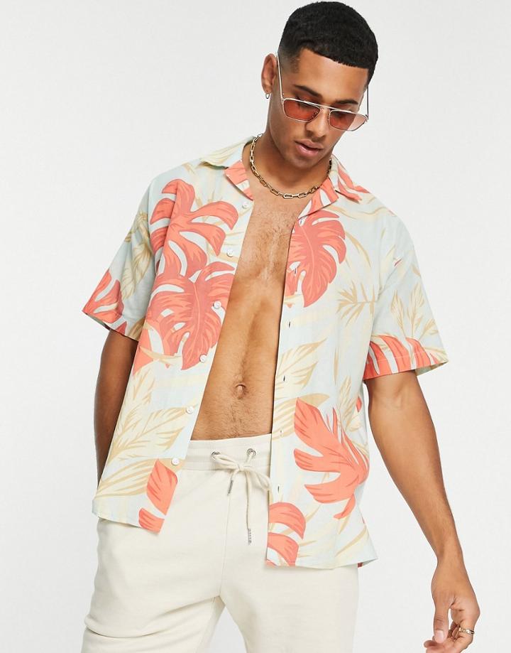 Jack & Jones Premium Linen Mix Leaf Print Revere Collar Shirt In Gray